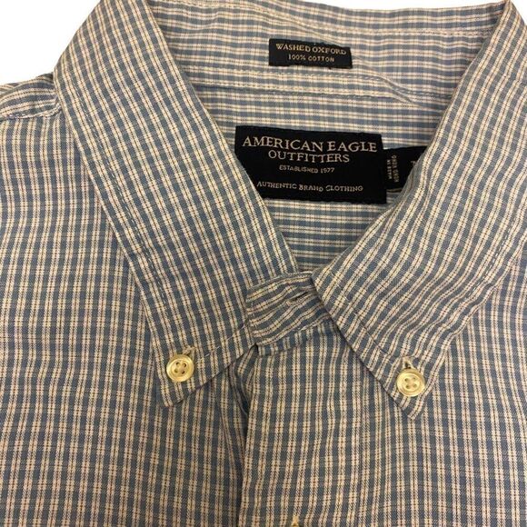 American Eagle Outfitters AEO Long Sleeve Button Down Blue and White Plaid Shirt - Picture 4 of 13